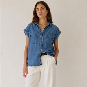 American Eagle Soft Chambray Roll Sleeve Button Front Shirt M Minimalist Coastal